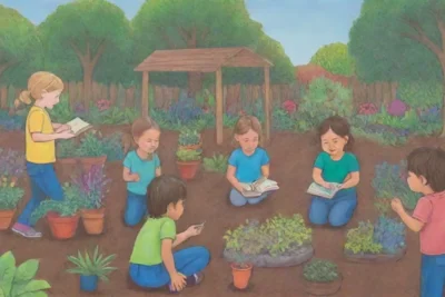 Jardín colorido con niños aprendiendo y explorando