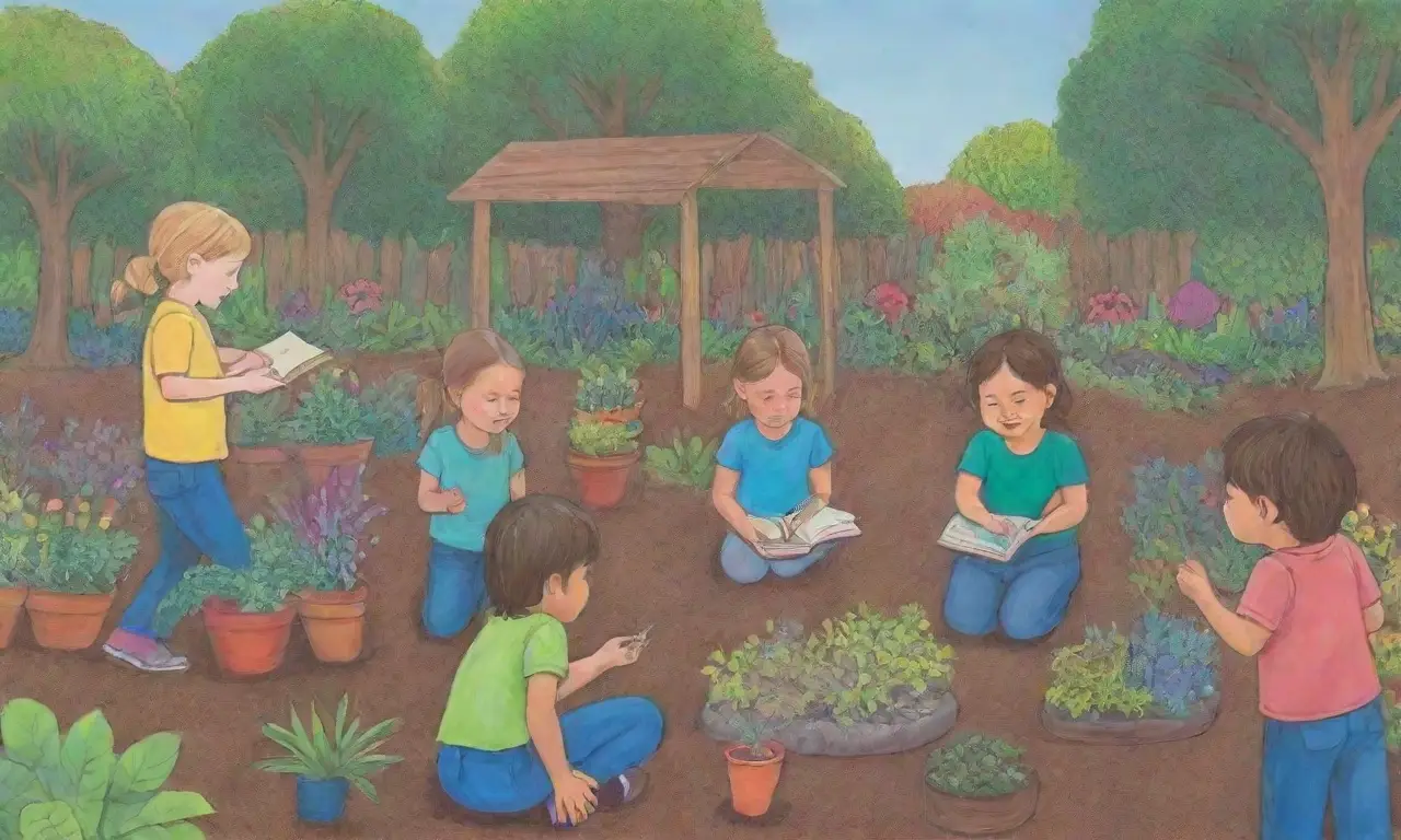 Jardín colorido con niños aprendiendo y explorando