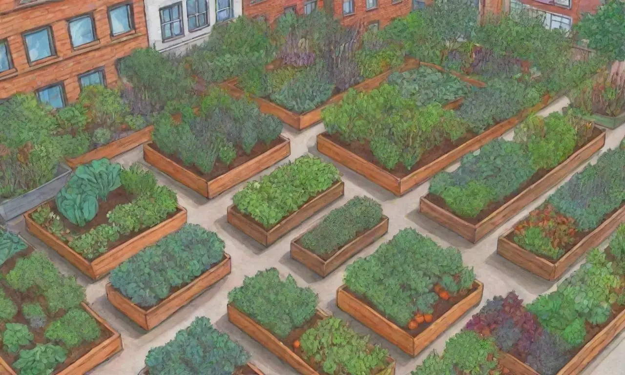 Jardín urbano colorido con vegetales frescos y cocina creativa sostenible