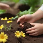 Jardín colorido donde niños aprenden y descubren jugando en la tierra
