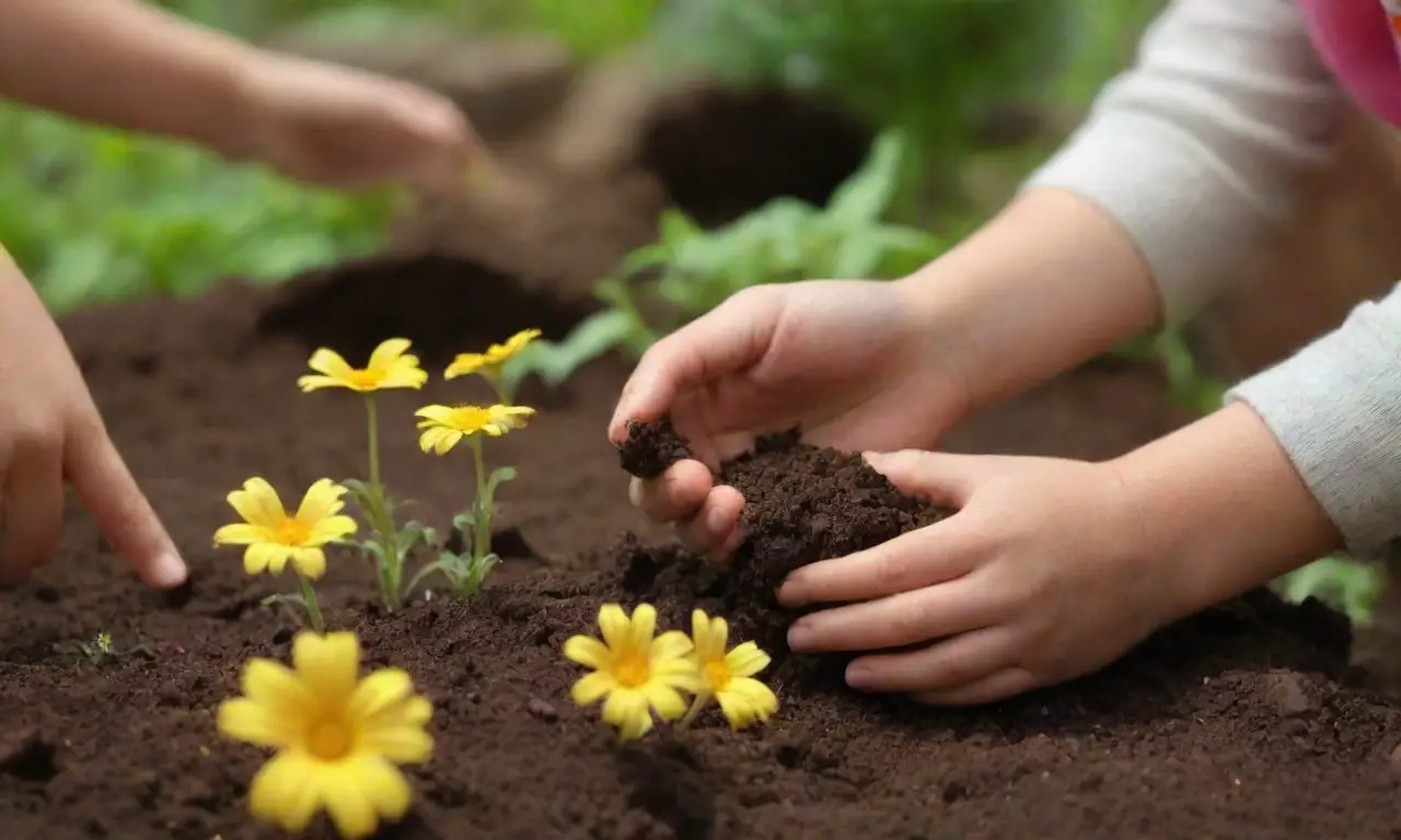 Jardín colorido donde niños aprenden y descubren jugando en la tierra