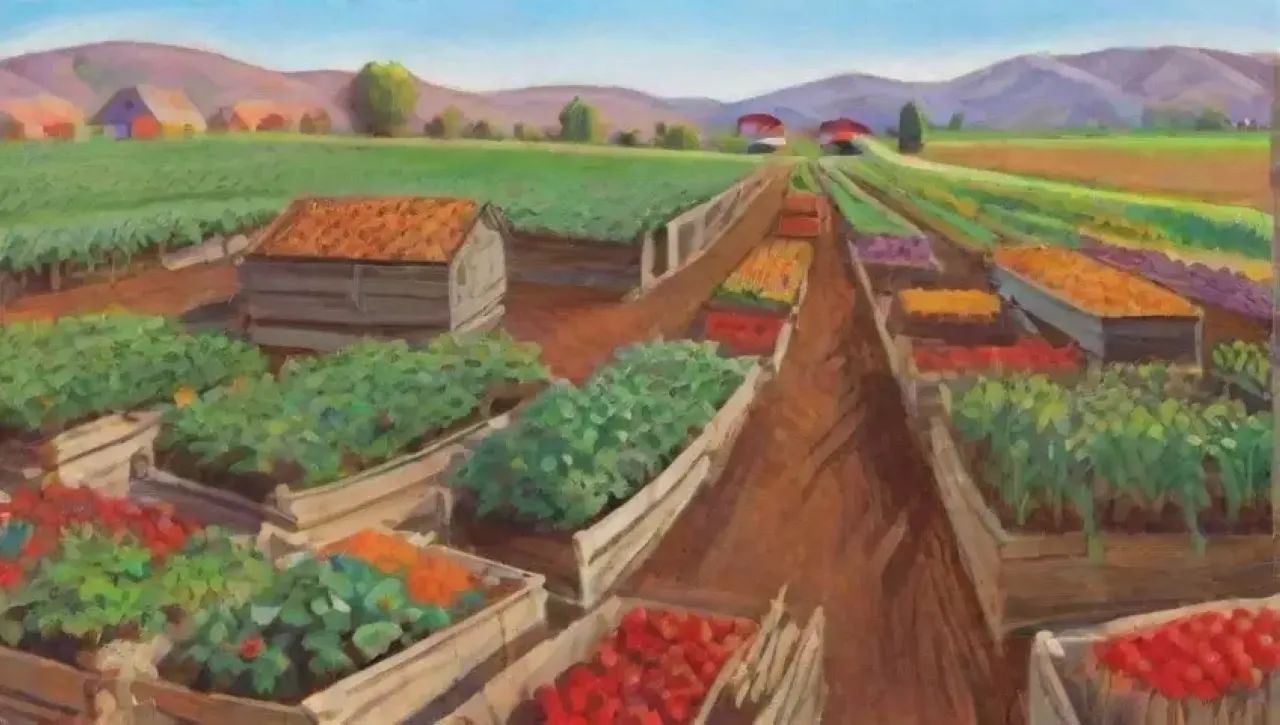 Campos verdes vibrantes con legumbres, flores coloridas y una comunidad agrícola llena de vida