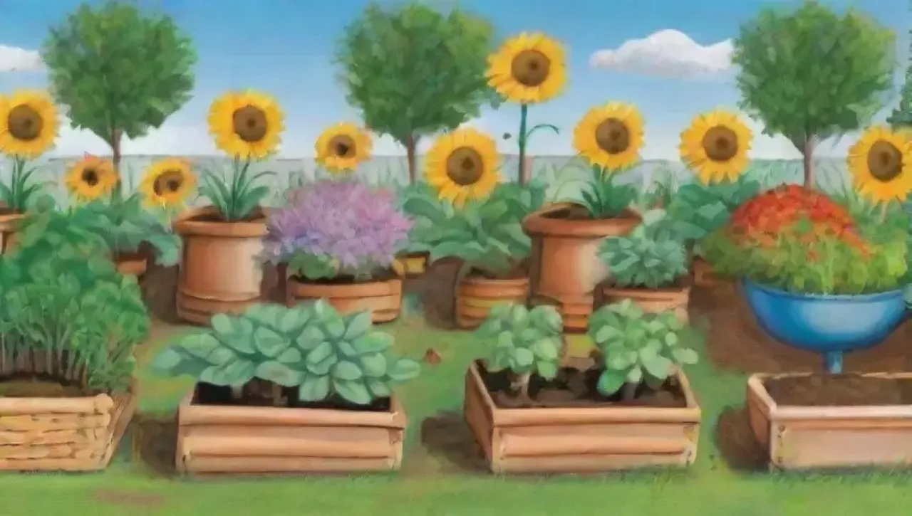 Un jardín vibrante lleno de risas, niños, verduras y naturaleza