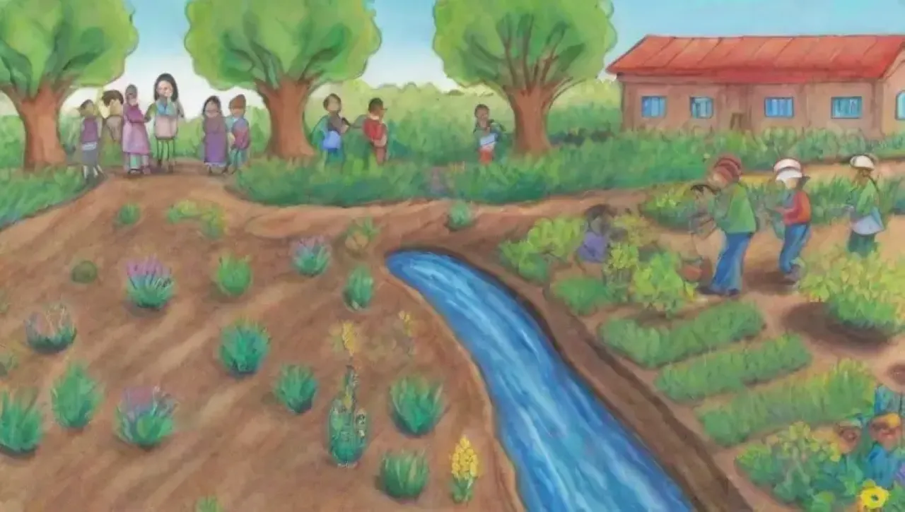 Un entorno comunitario vibrante y educativo que promueve la agricultura sostenible y la conservación del agua
