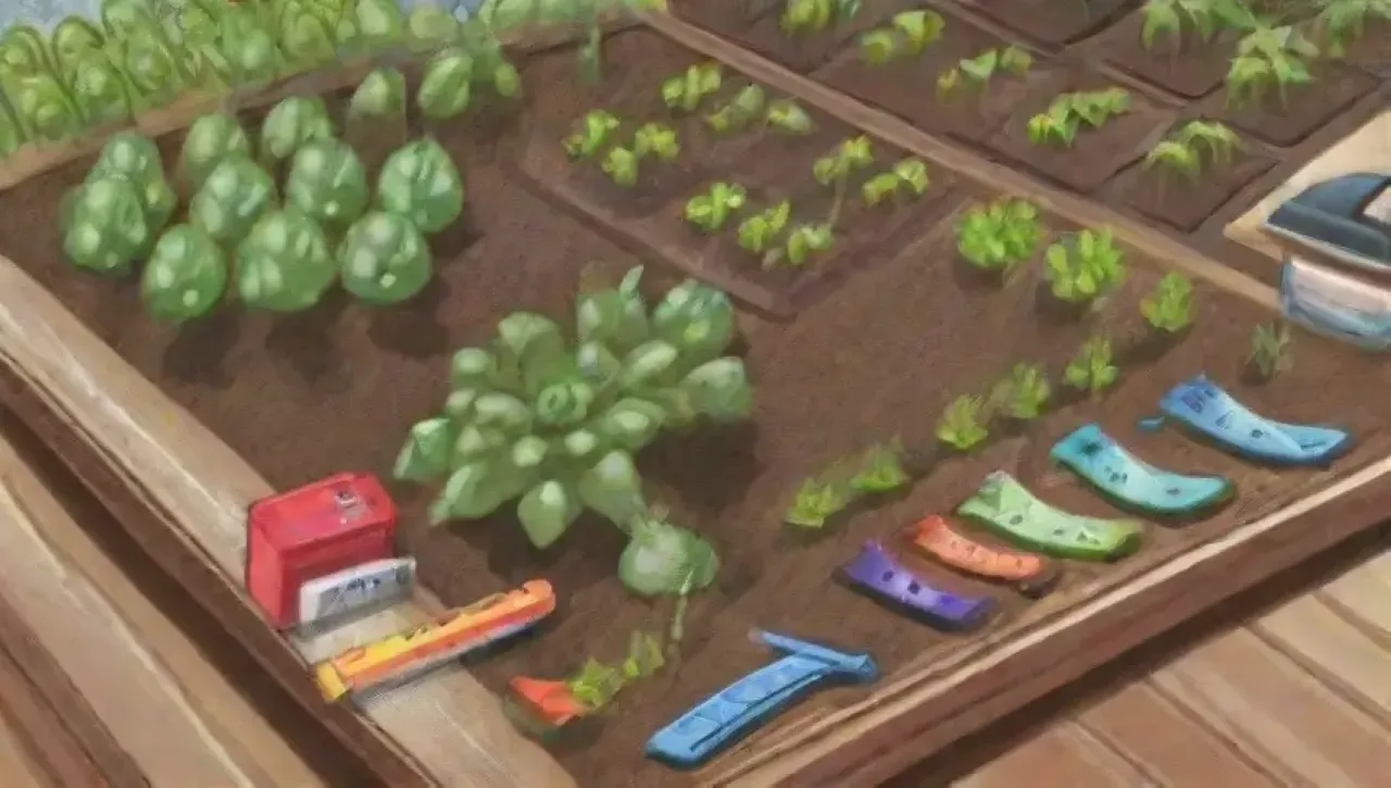 Un paisaje agrícola vibrante con cultivos, herramientas y un agricultor bajo el sol