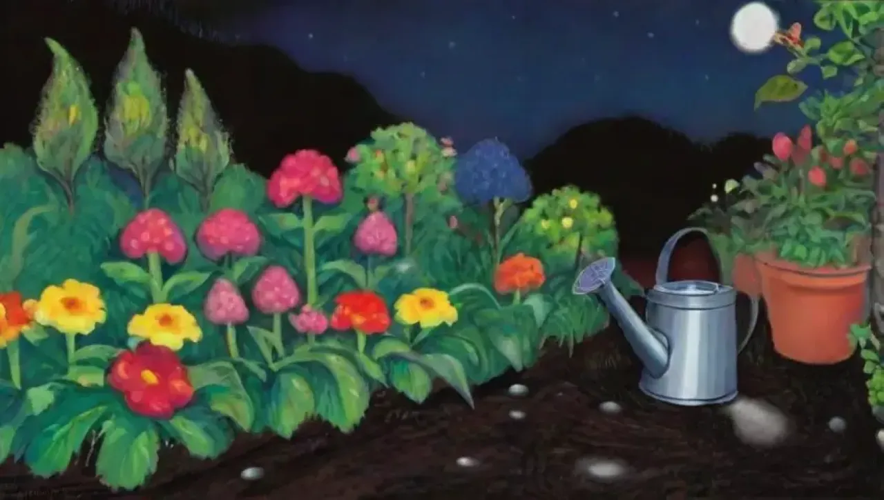 Un jardín nocturno sereno brilla con humedad y colores vibrantes