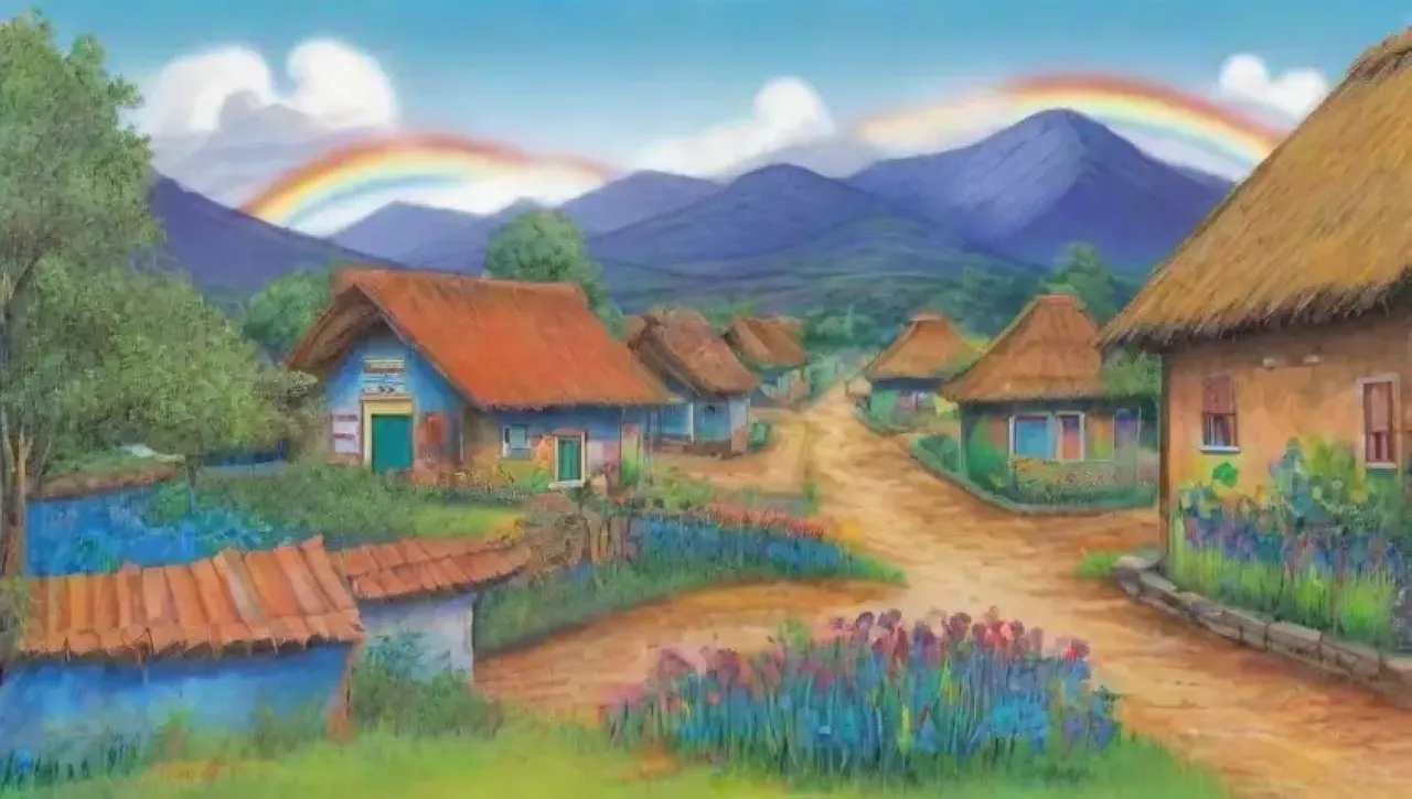 Un paisaje vibrante y sostenible con campos verdes, niños jugando y una comunidad unida bajo un cielo azul