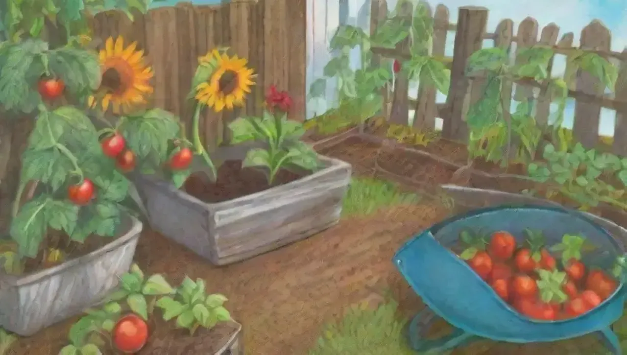 Un jardín vibrante lleno de flores, frutas y herramientas, bajo un cielo azul