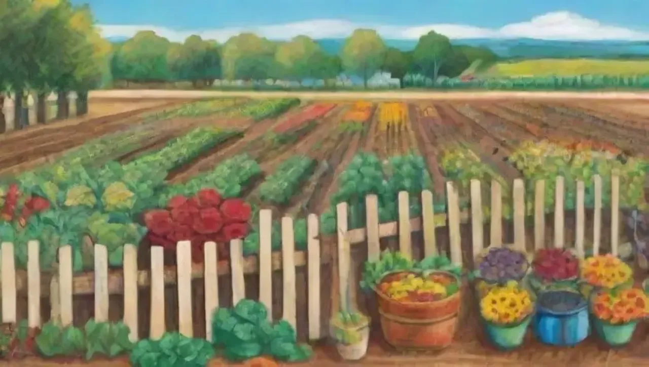 Un paisaje agrícola vibrante y colorido con cultivos, flores y herramientas de jardinería