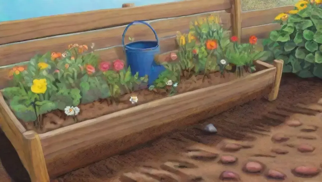 Un jardín vibrante con tierra fresca, brotes verdes, flores silvestres y la promesa de una cosecha