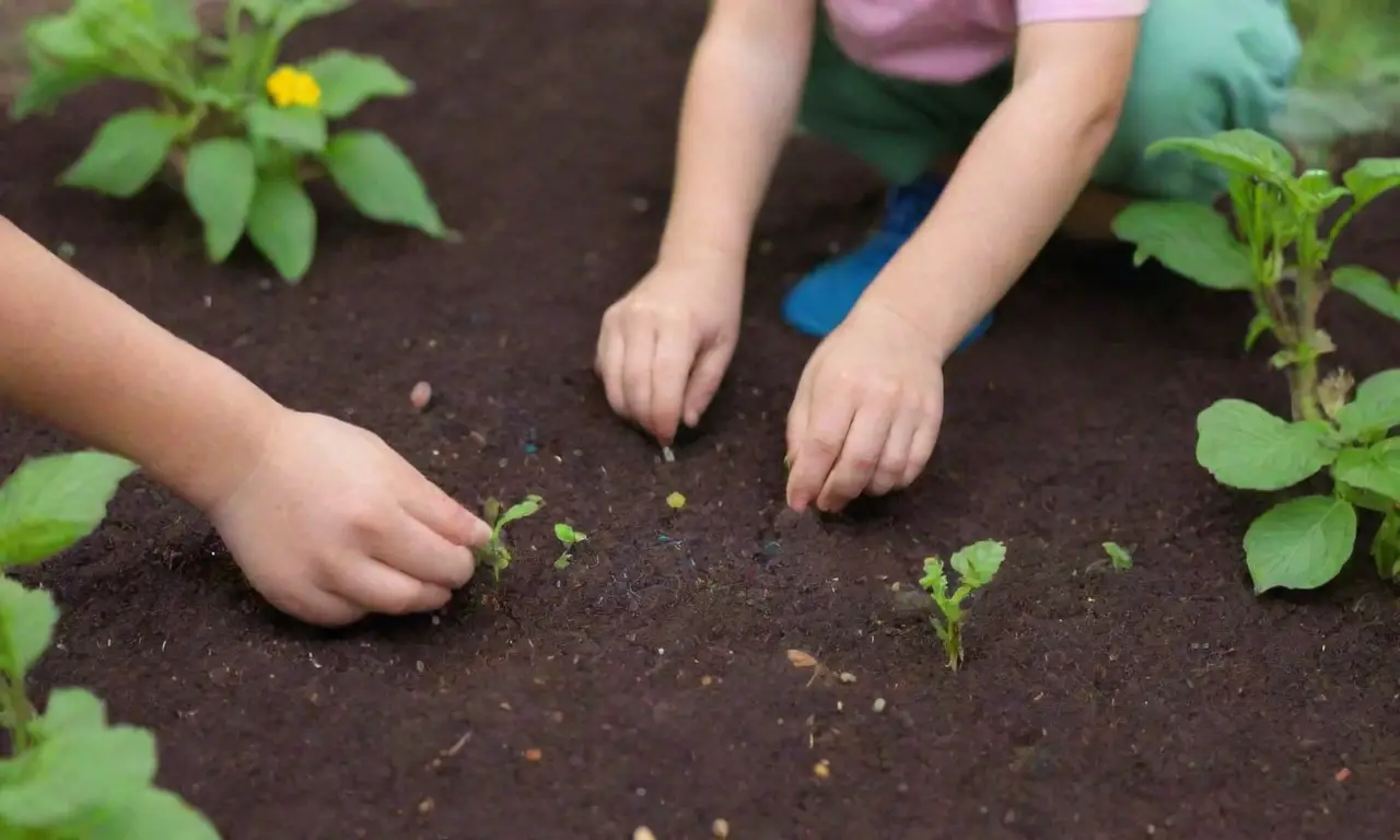 Jardín colorido con niños sembrando
