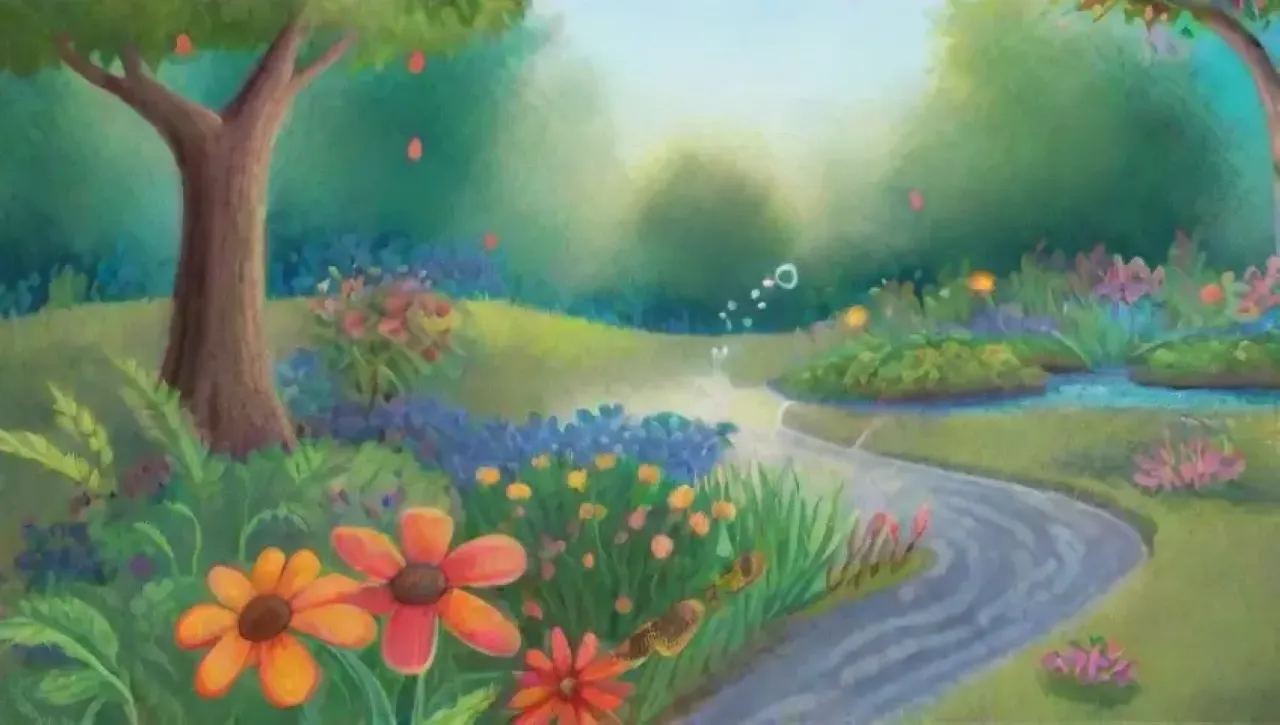 Un jardín vibrante y sereno lleno de flores, agua y vida