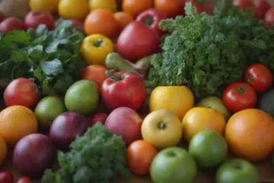 Comida saludable y creativa con vegetales y frutas frescas de agricultura sostenible