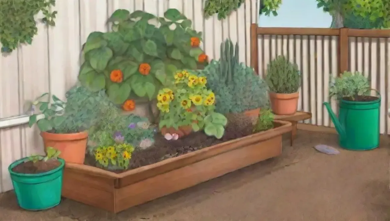 Un jardín vibrante y lleno de vida con plantas, flores, herramientas y agua