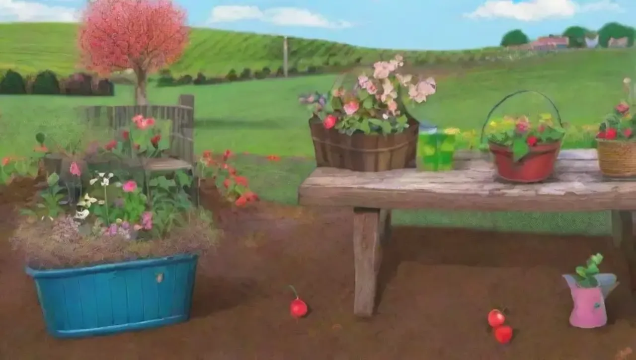 Un jardín vibrante y armonioso con flores, árboles jóvenes y un cielo azul