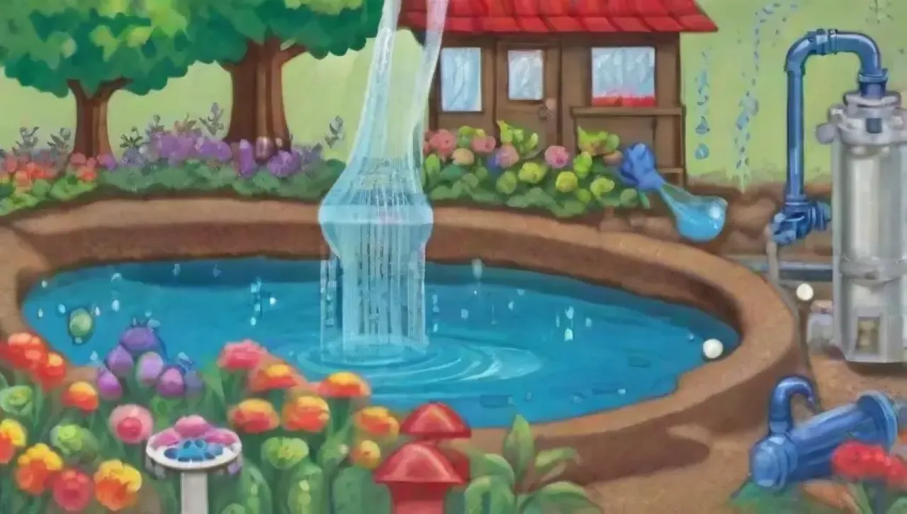 Fondo azul vibrante con gotas de agua, siluetas de bombas, plantas verdes y herramientas de jardín en un diseño atractivo