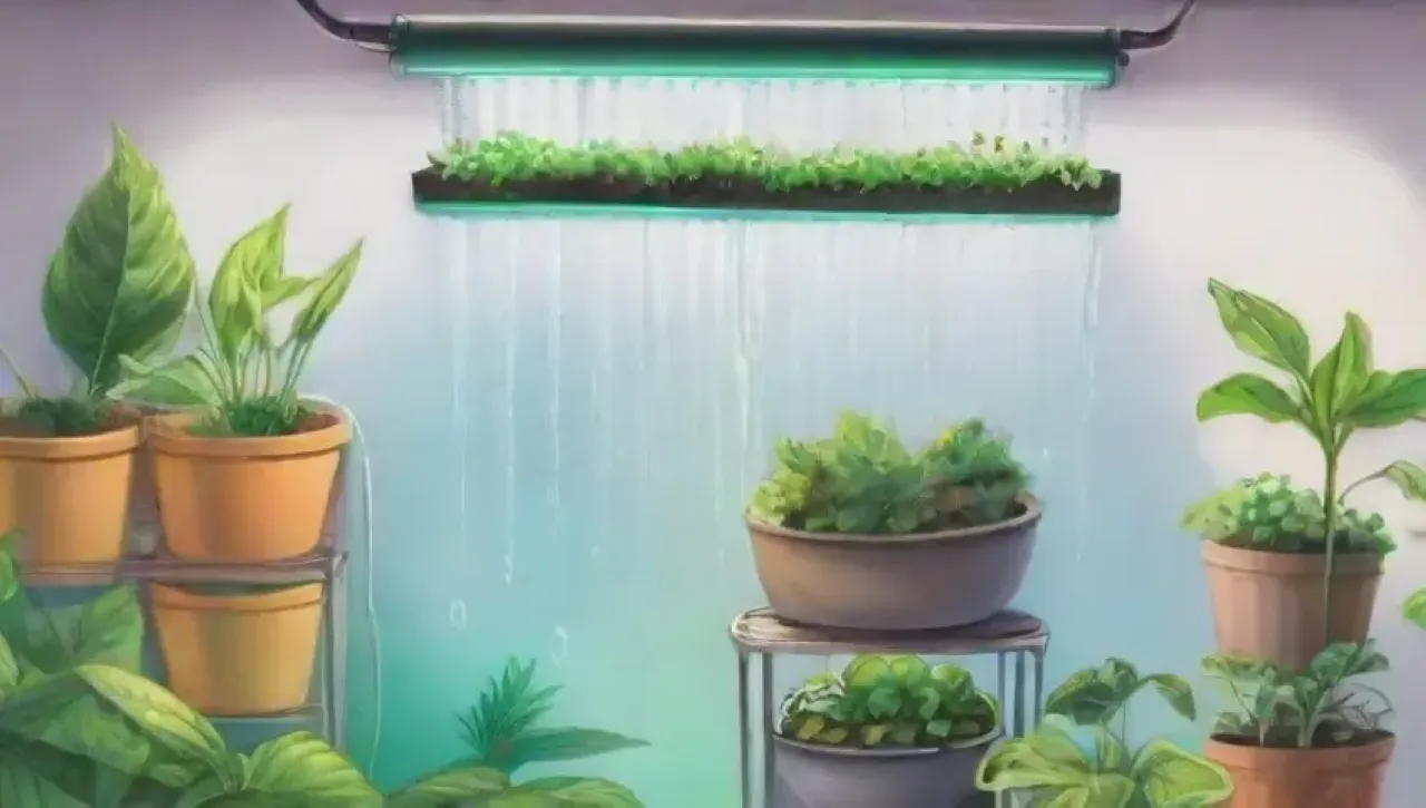 Un invernadero sereno con plantas verdes, agua nutritiva y herramientas organizadas