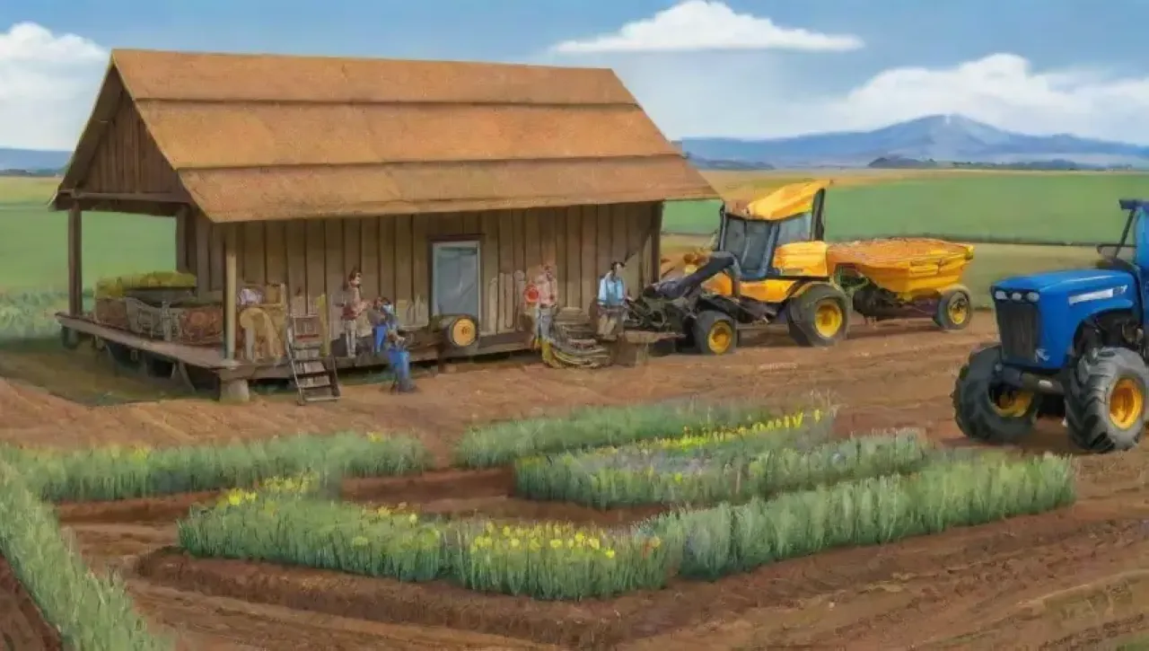 Campos verdes vibrantes con agricultores trabajando en un entorno agrícola lleno de vida