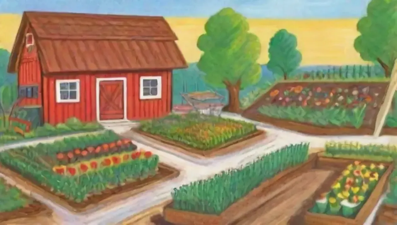 Un paisaje agrícola vibrante con campos verdes, cultivos, flores, herramientas y una granja acogedora