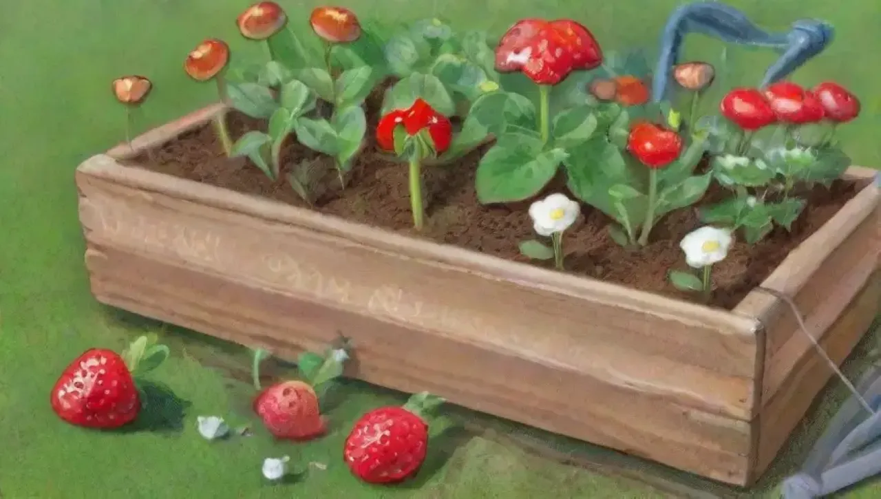 Un jardín vibrante con fresas, flores, herramientas y un gnomo alegre