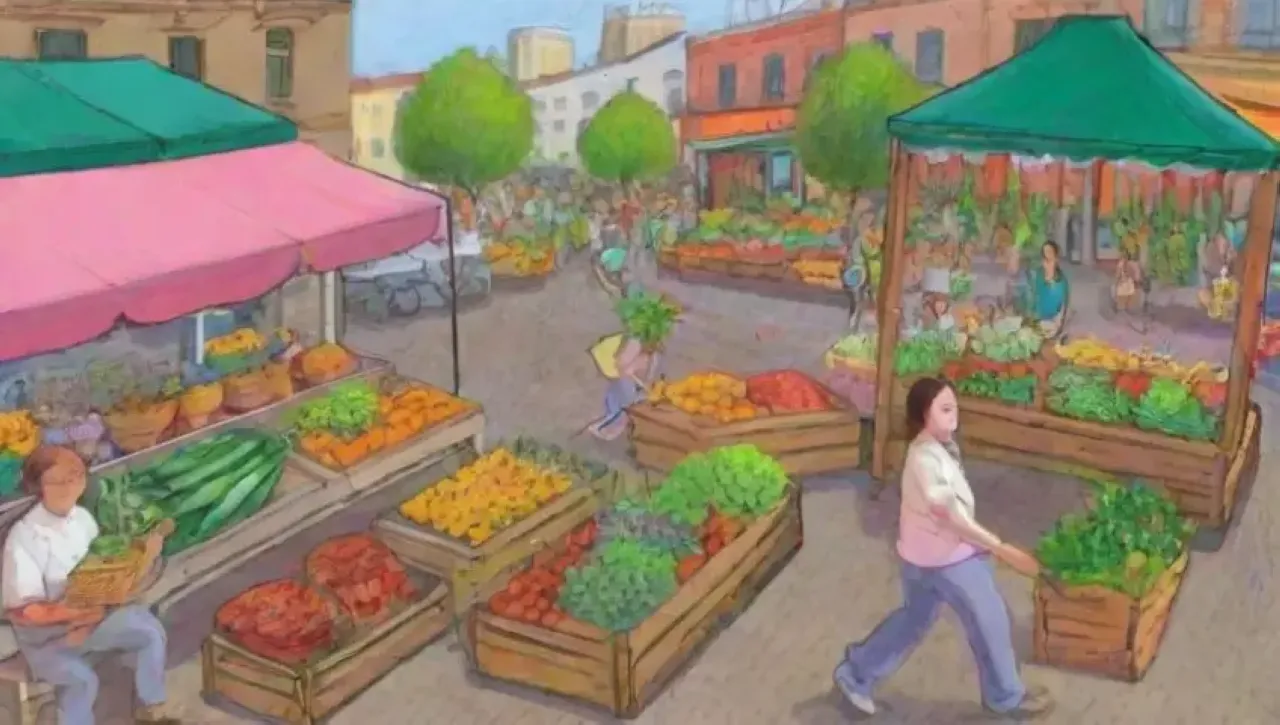 Un mercado urbano vibrante y colorido, lleno de plantas, sonrisas y actividades comunitarias