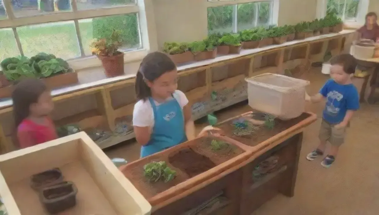 Una escena vibrante de niños explorando la tierra y la naturaleza en un aula llena de color y alegría
