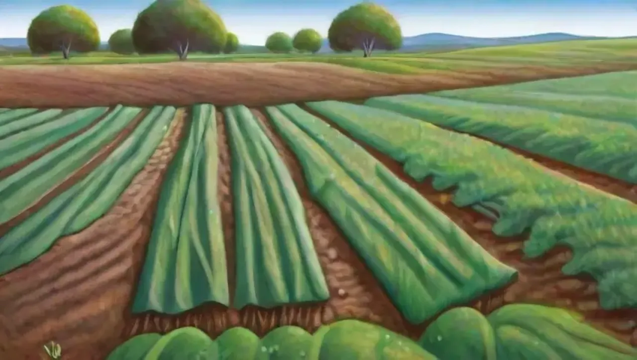 Un paisaje agrícola vibrante y sostenible con cultivos saludables y un sistema de riego intrincado