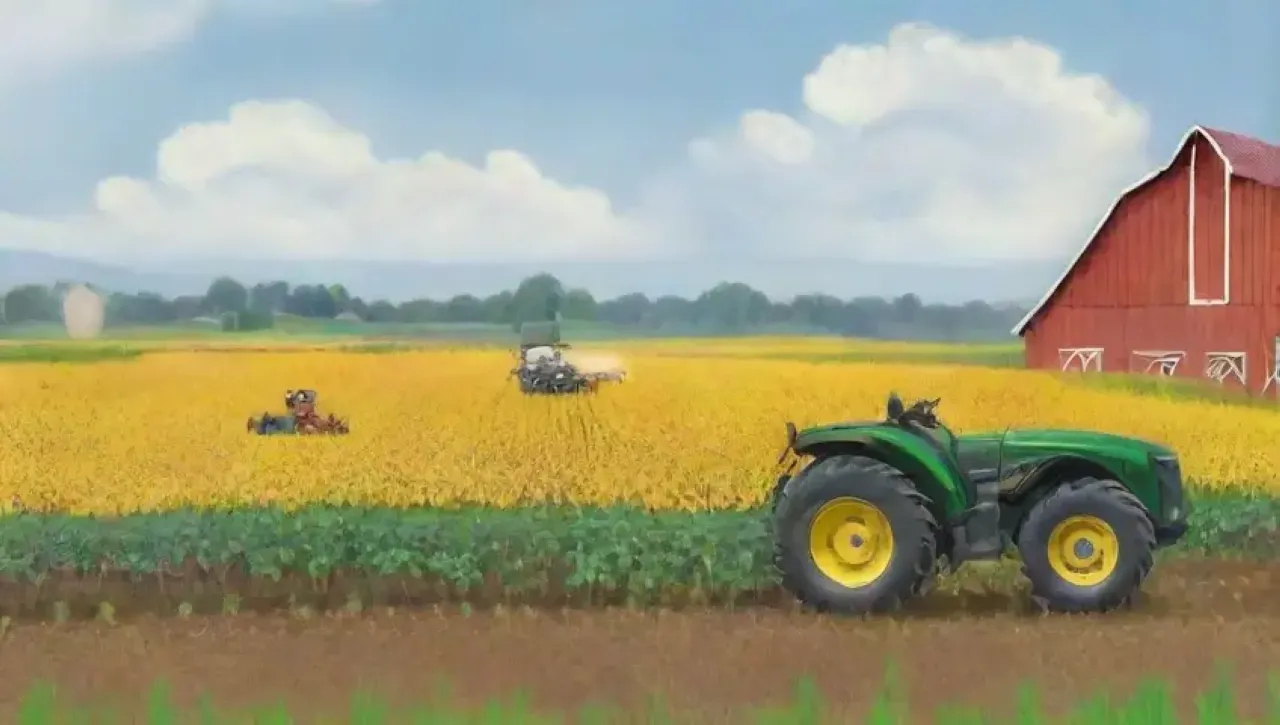 Un campo vibrante con cultivos verdes, drones, tecnología agrícola y un equipo colaborando en prácticas sostenibles