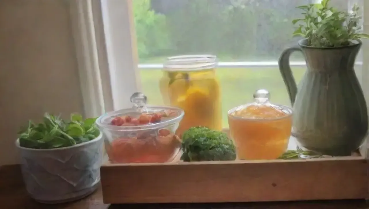 Una cocina vibrante y acogedora, llena de hierbas frescas y aromas reconfortantes