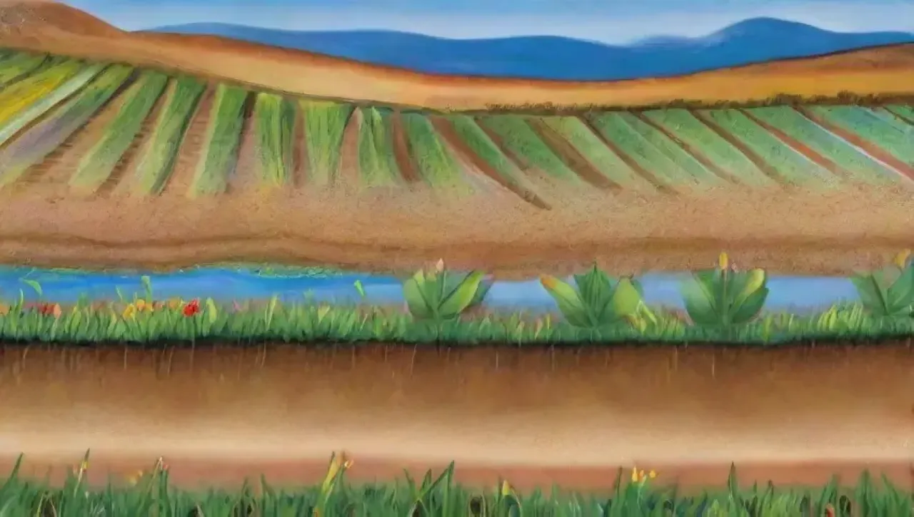 Un paisaje agrícola vibrante y sostenible con cultivos, agua y biodiversidad