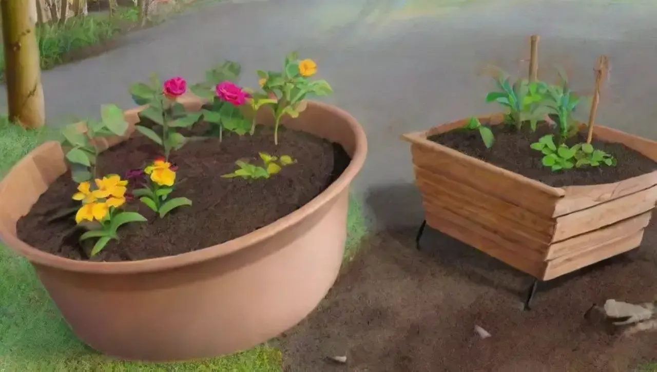 Un jardín vibrante y saludable con compost listo para nutrir