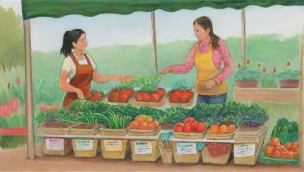 Campos verdes vibrantes y mercados de agricultores con productos frescos y prácticas sostenibles