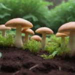 Jardín de hongos ecológico con colores vibrantes y cultivo orgánico