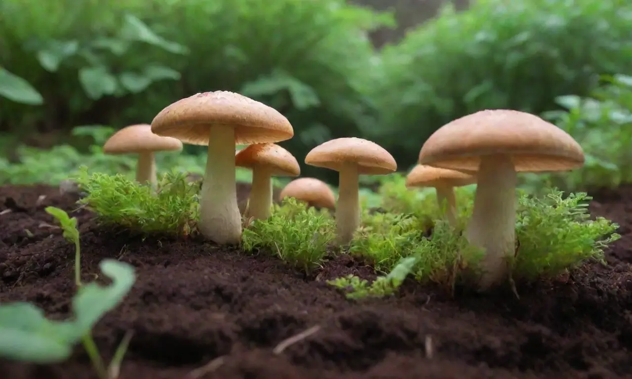 Jardín de hongos ecológico con colores vibrantes y cultivo orgánico