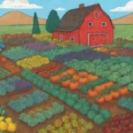 Cultivos estacionales y consejos de jardinería con colores vibrantes y paisajes agrícolas
