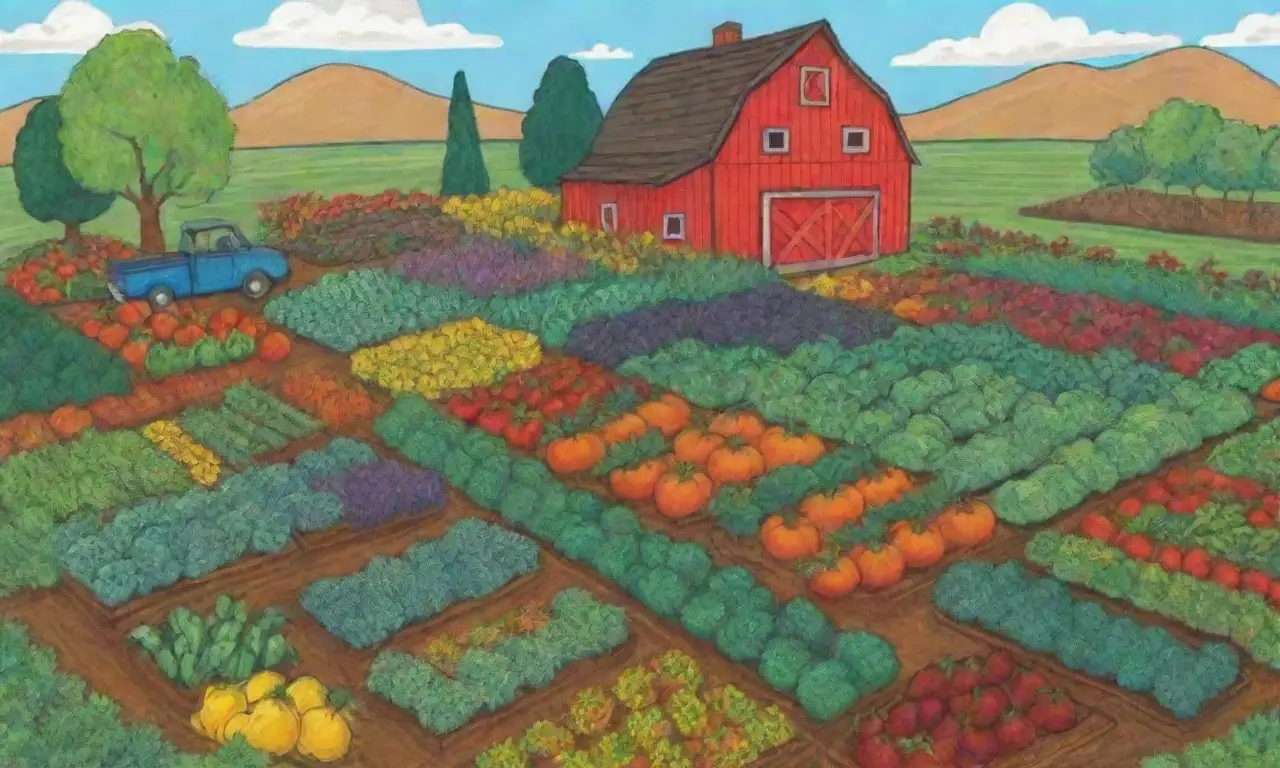 Cultivos estacionales y consejos de jardinería con colores vibrantes y paisajes agrícolas
