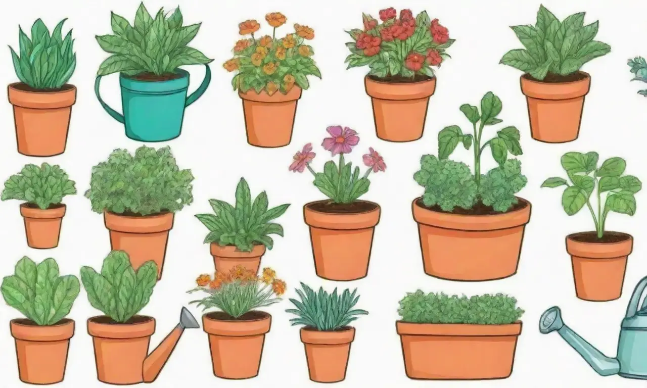 Herramientas de jardinería, plantas verdes y vegetales coloridos