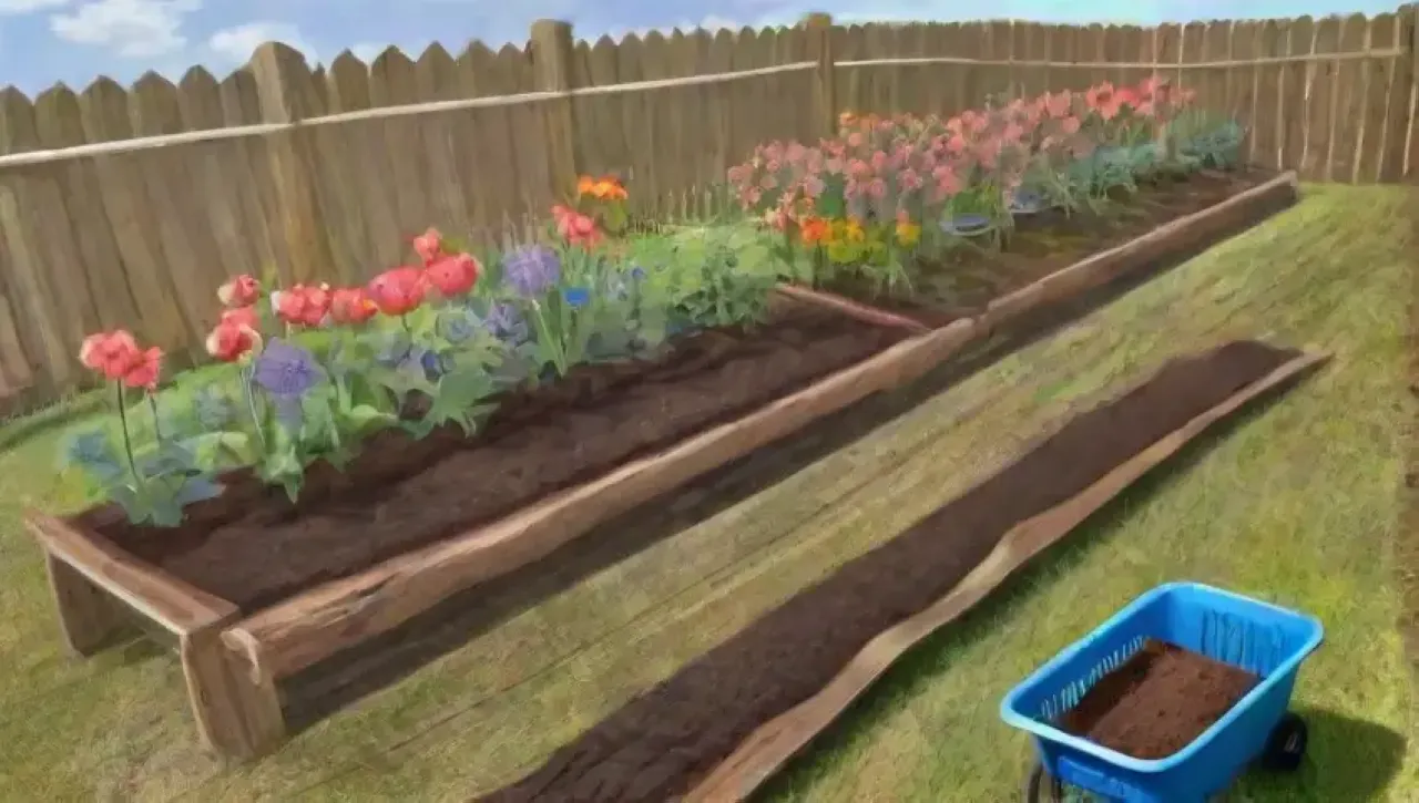 Un jardín vibrante y sereno lleno de vida y actividad