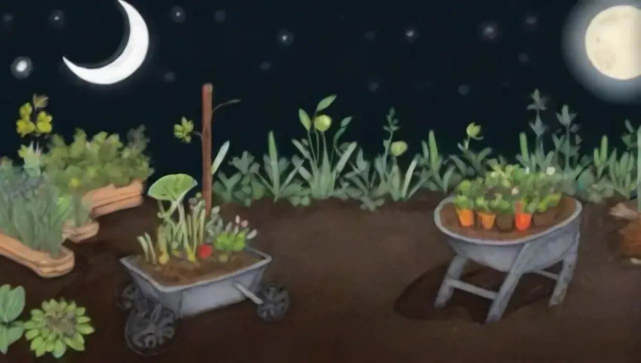 Una noche serena ilumina un jardín en armonía con la naturaleza