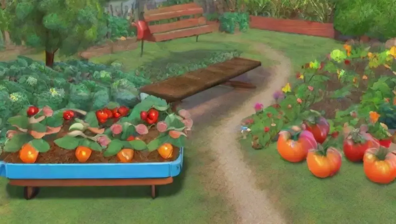 Un jardín vibrante y lleno de vida con árboles frutales, flores y fauna