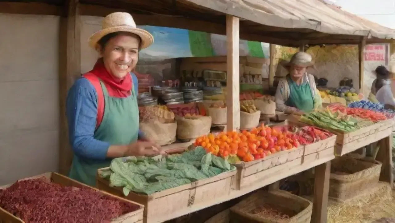 Un mercado vibrante lleno de frutas, verduras, risas y comunidad