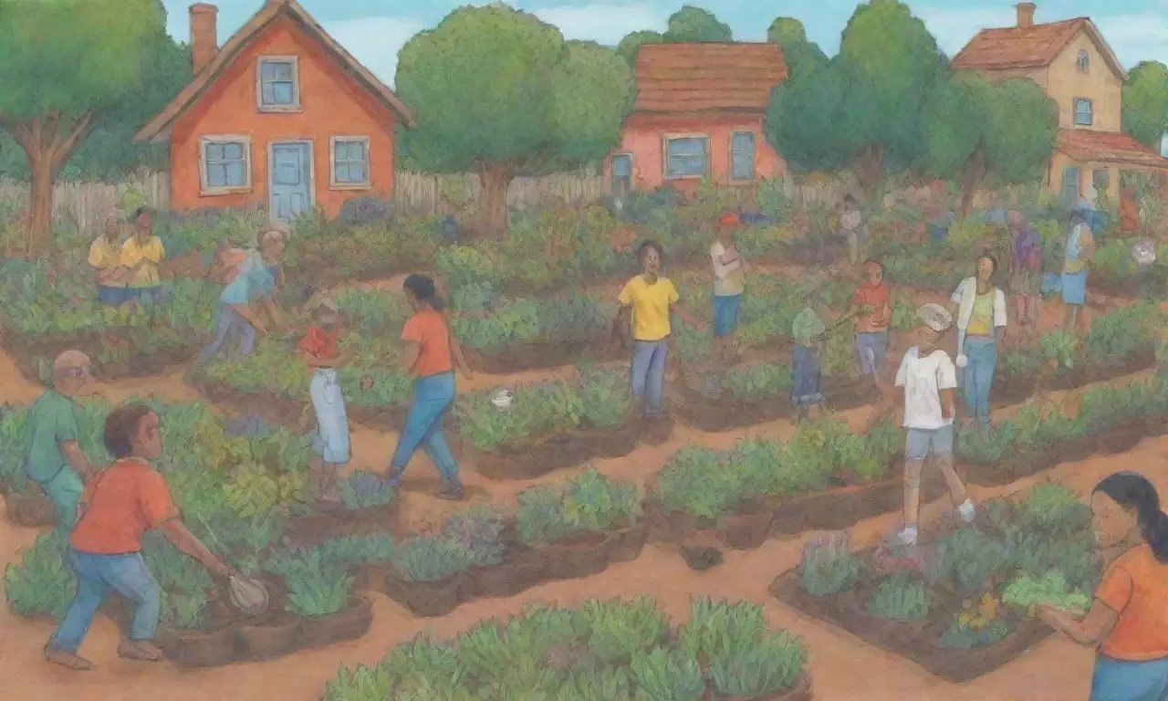 Comunidad diversa trabaja en un jardín sostenible, cultivando y compartiendo conocimientos