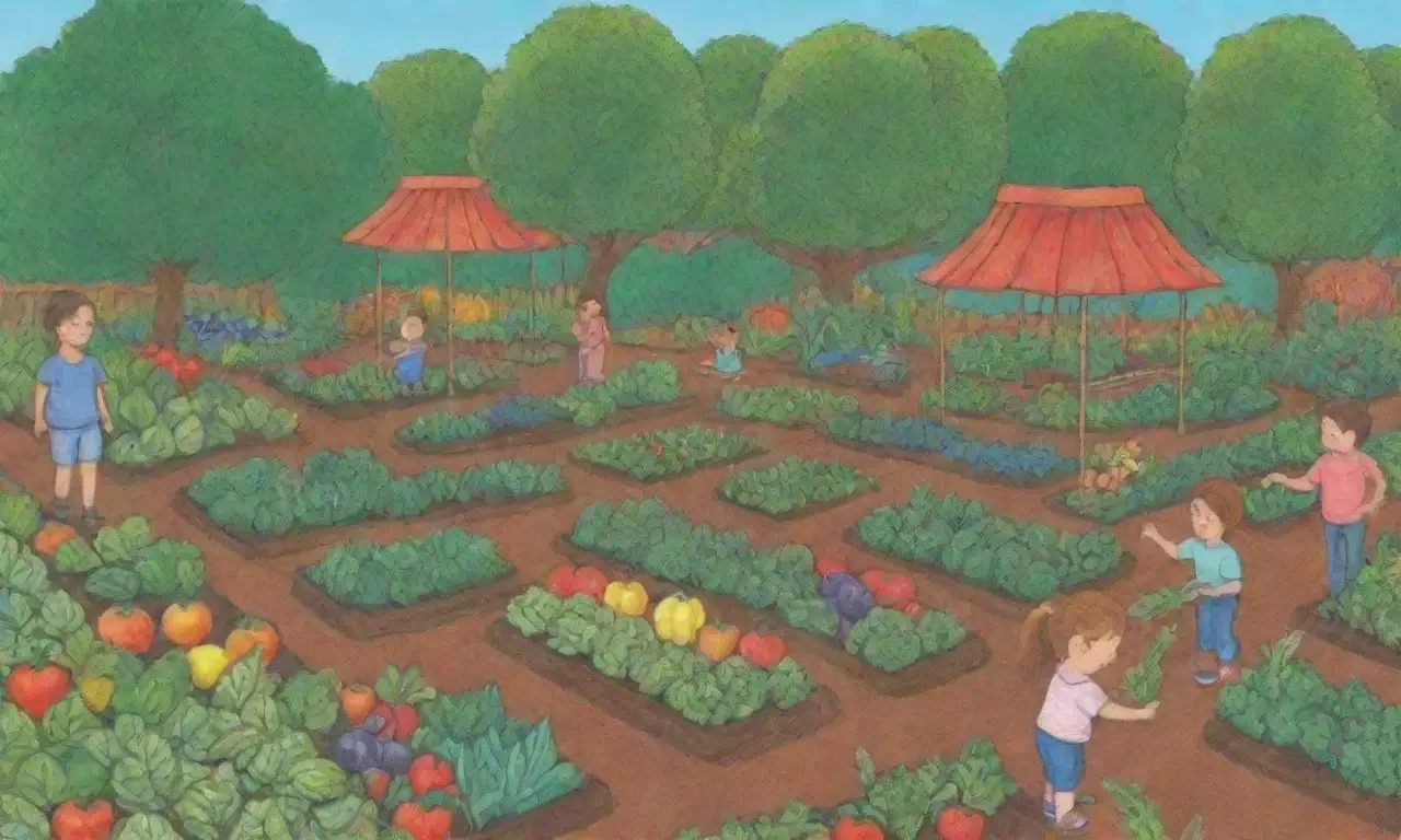 Jardín colorido con niños jugando y aprendiendo sobre sostenibilidad y cultivo orgánico