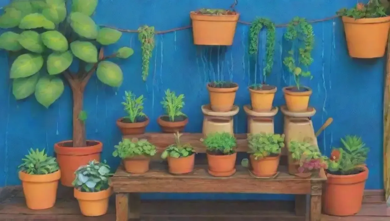 Un taller acogedor con un fondo azul, herramientas dispersas, plantas, diagramas de sistemas de agua y un ambiente de aprendizaje comunitario