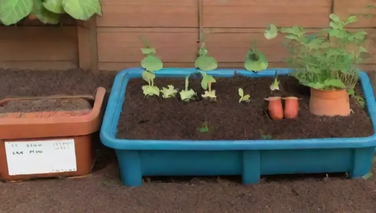 Un jardín vibrante y lleno de vida con hojas verdes, tierra rica, lombrices y herramientas de jardinería