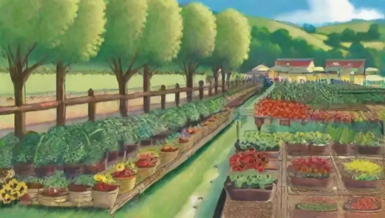 Un paisaje agrícola vibrante con campos verdes, cultivos diversos, prácticas sostenibles y una comunidad activa