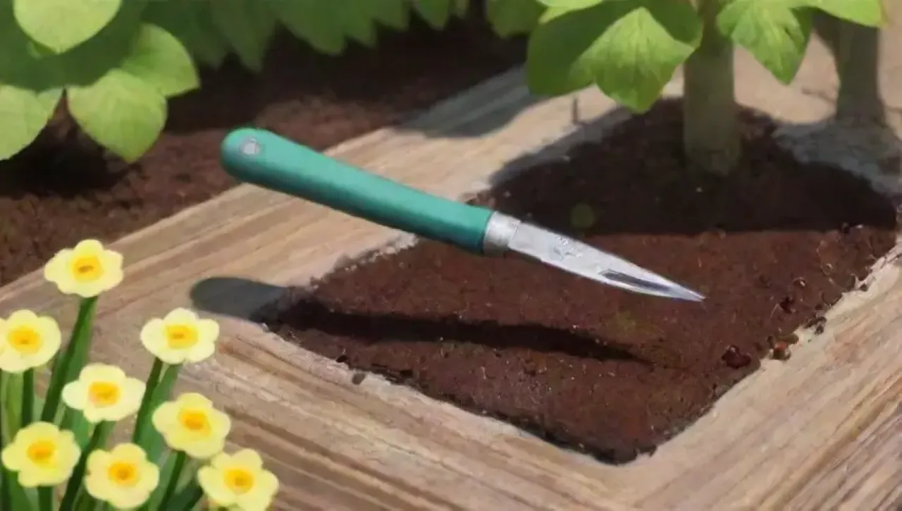 Un jardín verde vibrante con herramientas de injerto y la promesa de nuevo crecimiento