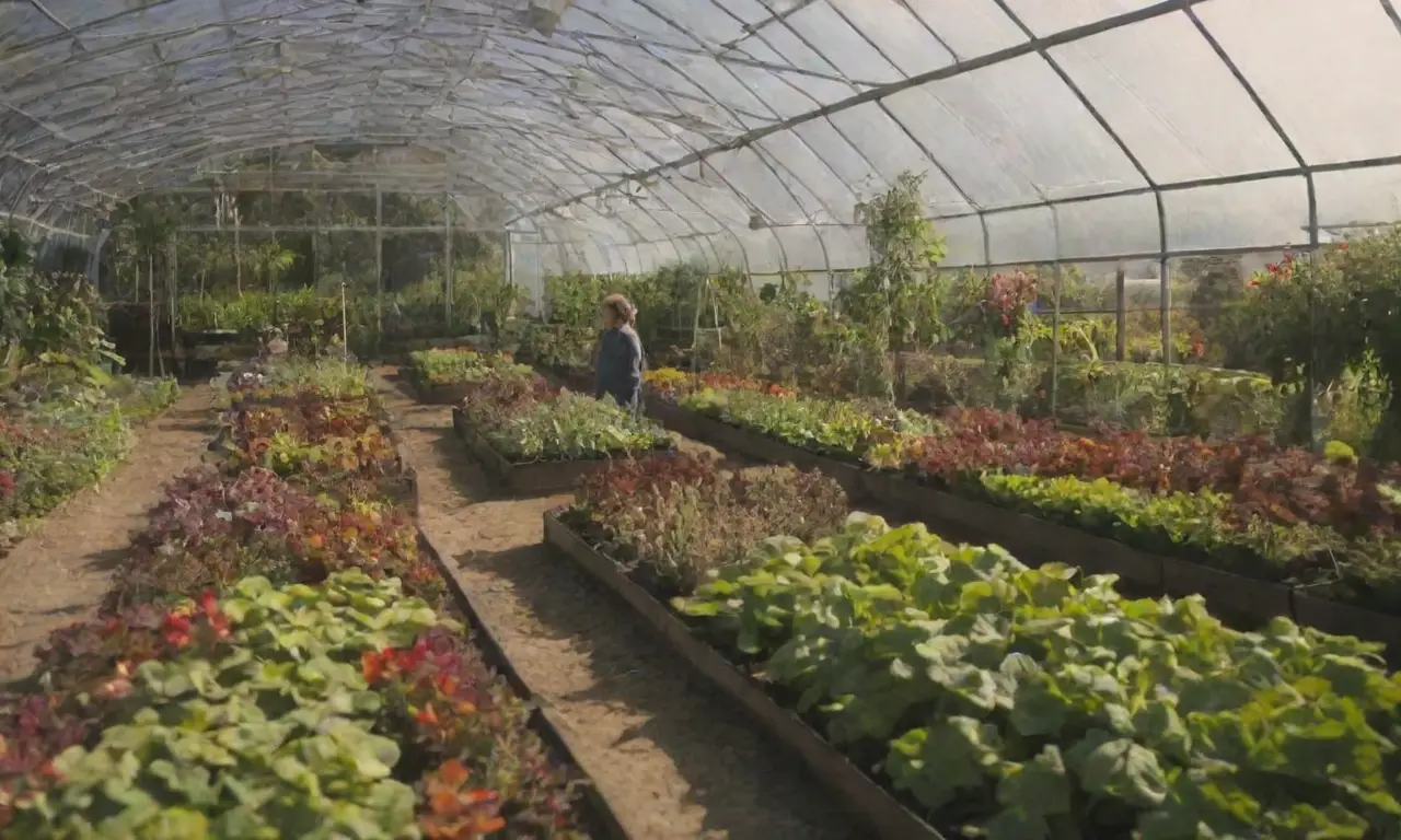 Construcción ecoamigable de invernaderos con plantas vibrantes y jardín organizado