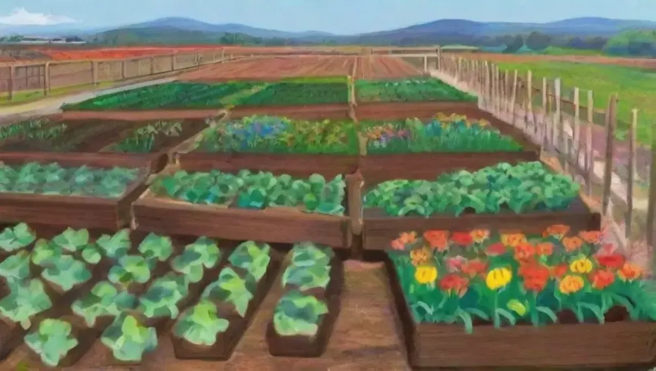 Un paisaje agrícola vibrante y sostenible con cultivos diversos, biodiversidad y prácticas comunitarias