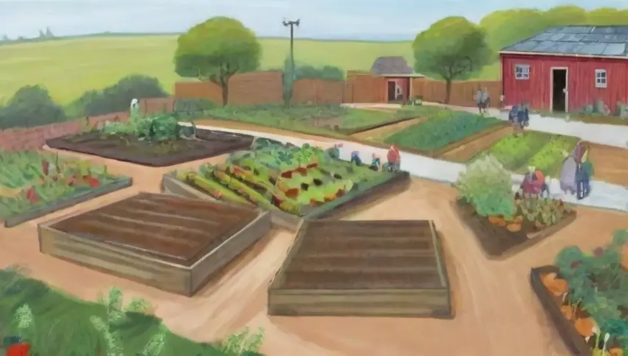 Un paisaje agrícola vibrante y sostenible lleno de vida, diversidad y comunidad